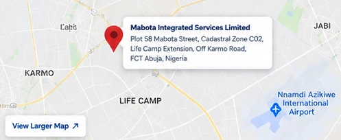 Map showing the Mabota office area near Life Camp and Karmo in Abuja. Open Google Maps for directions.